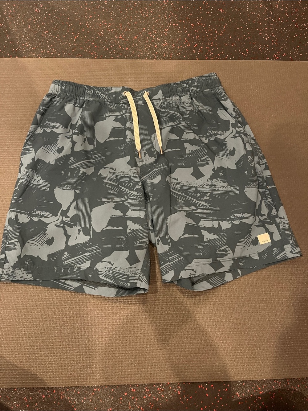 Men's Green-Grey Abstract Print Swim Trunks with Drawcord
